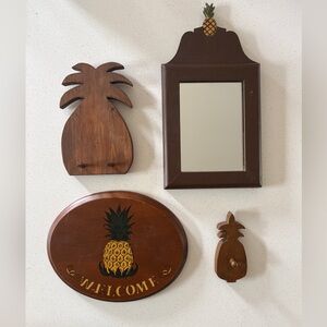 Vintage Wooden Pineapple Wall Decor Lot Set of 4 Gallery Welcome, Pegs, Mirror